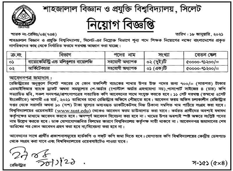 Shahjalal University of Science & Technology Job Circular