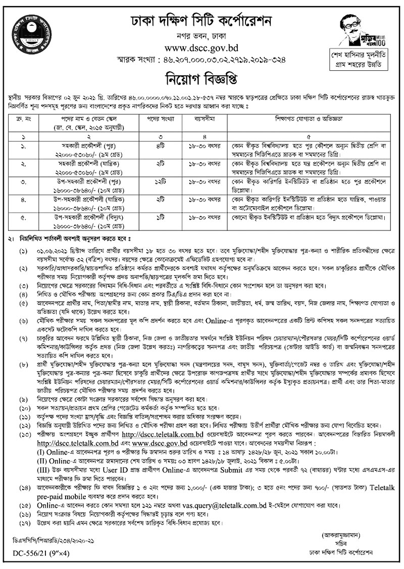 Dhaka South City Corporation DSCC job circular 2021