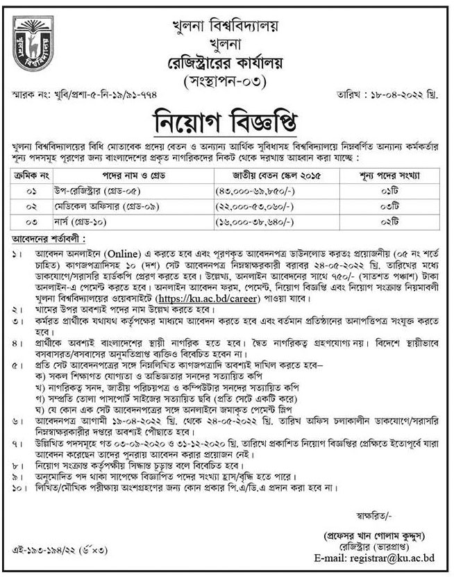 খুলনা বিশ্ববিদ্যালয় নিয়োগ বিজ্ঞপ্তি ২০২২
